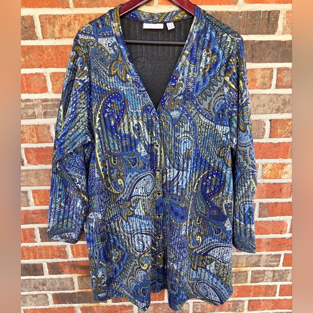 Susan Graver Blue, Green, Gold Paisley Stretch Button Down Women's Top Size 1X